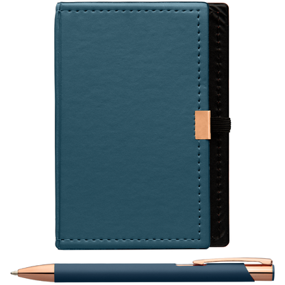 Note Caddy & Crosby Rose Gold Pen Gift set promotional writing set in navy blue printed with your company logo