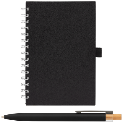 Terra Recycled Milk Carton Hard Cover Spiral A5 Notebook & Reborn Pen Set promotional notebook in black printed with your