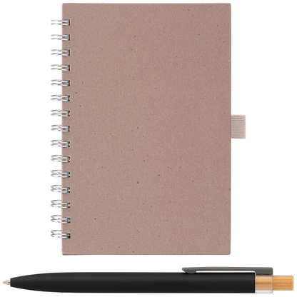 Terra Recycled Milk Carton Hard Cover Spiral A5 Notebook & Reborn Pen Set promotional notebook in dune warm grey printed