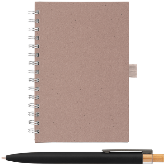 Terra Recycled Milk Carton Hard Cover Spiral A5 Notebook & Reborn Pen Set promotional notebook in dune warm grey printed