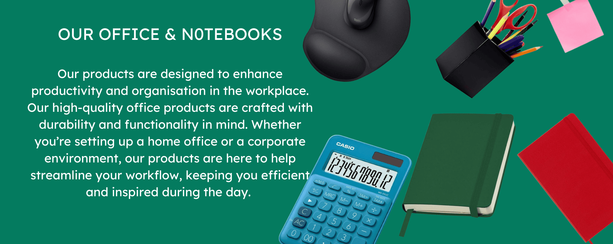 Selection of branded notebooks and office stationery from Swish & Click’s promotional products.