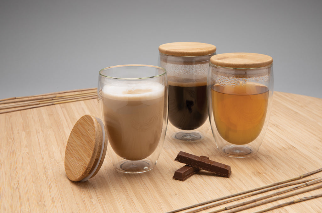 Double wall borosilicate glass with bamboo lid 350ml 2pc set