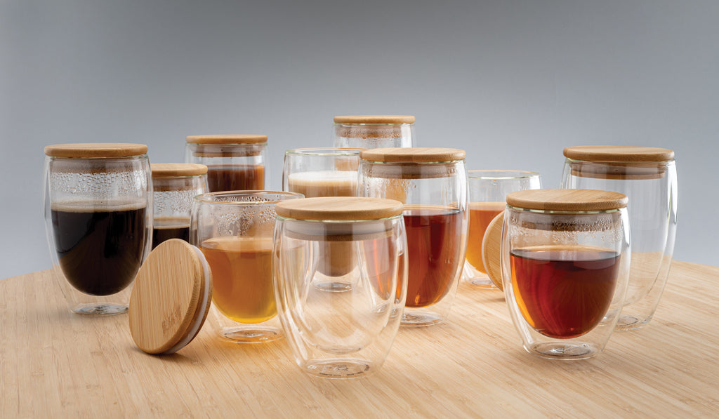 Double wall borosilicate glass with bamboo lid 350ml 2pc set