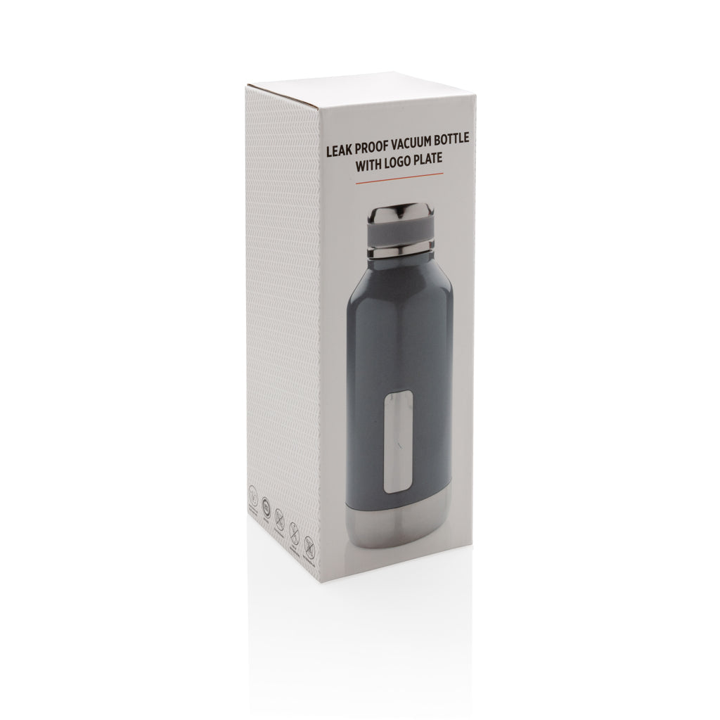 Leak proof vacuum bottle with logo plate