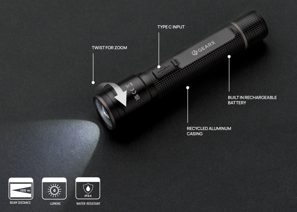 Gear X RCS recycled aluminium USB-rechargeable torch