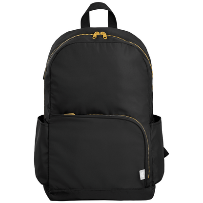 Kora rPET Dual Pocket Gold-Zip 38 cm Laptop Backpack promotional backpack in black printed with your company logo