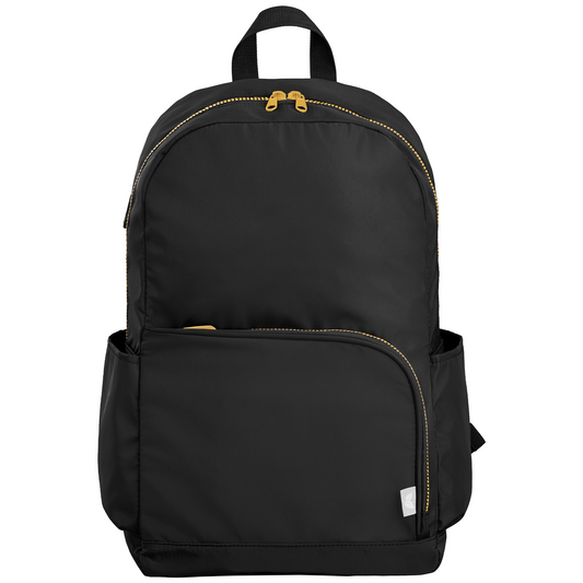 Kora rPET Dual Pocket Gold-Zip 38 cm Laptop Backpack promotional backpack in black printed with your company logo