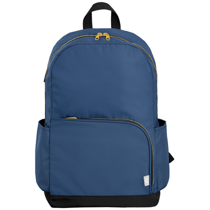 Kora rPET Dual Pocket Gold-Zip 38 cm Laptop Backpack promotional backpack in navy blue printed with your company logo