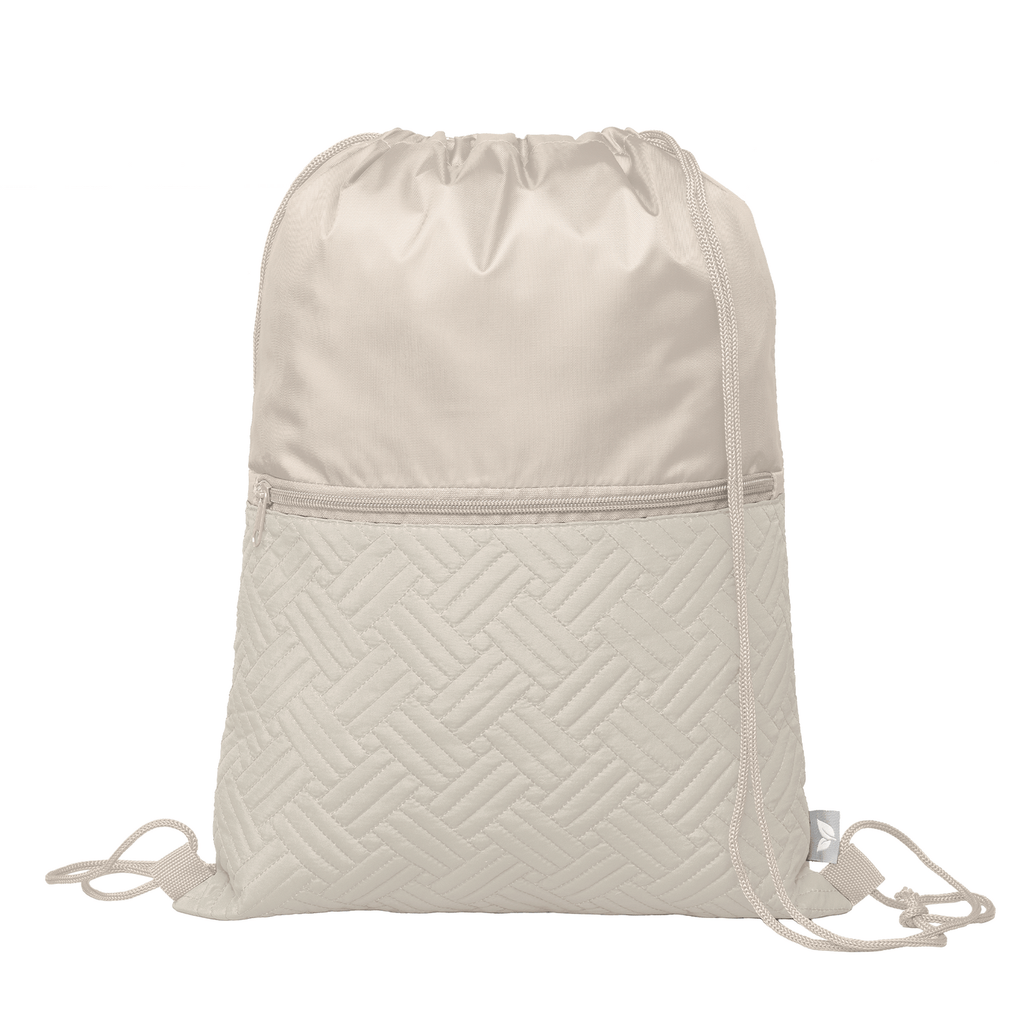 Sora Recycled Quilted Drawstring Bag promotional drawstring bag in dune warm grey printed with your company logo