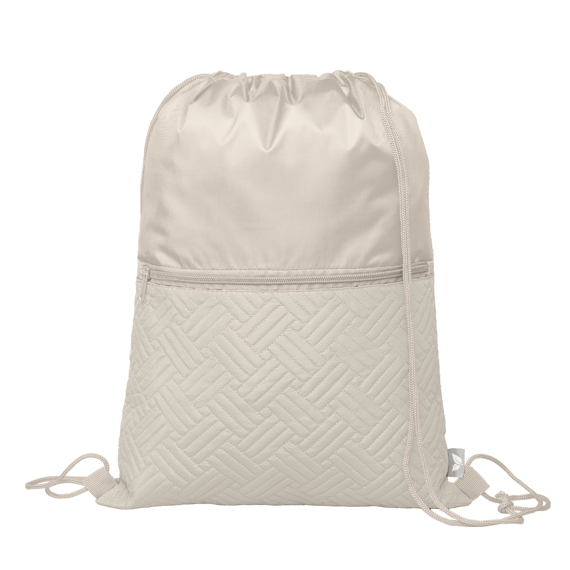 Sora Recycled Quilted Drawstring Bag promotional drawstring bag in dune warm grey printed with your company logo