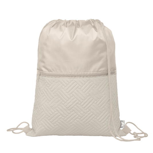 Sora Recycled Quilted Drawstring Bag promotional drawstring bag in dune warm grey printed with your company logo