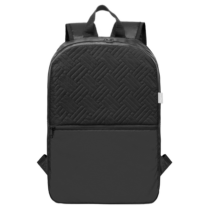Sora Recycled 210D Polyester Quilted Backpack promotional backpack in black printed with your company logo