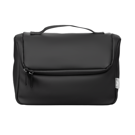 Malmö Recycled Hanging Toiletry Bag promotional personal care item in black printed with your company logo