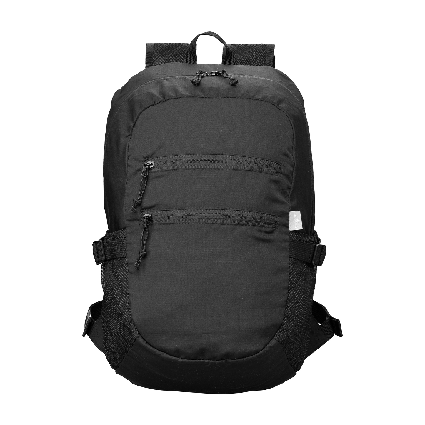 Clover Recycled Foldable Travel Backpack promotional backpack in black printed with your company logo