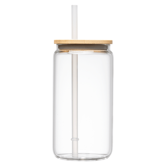 Cádiz Glass Bamboo Lid Tumbler promotional travel cup in transparent printed with your company logo