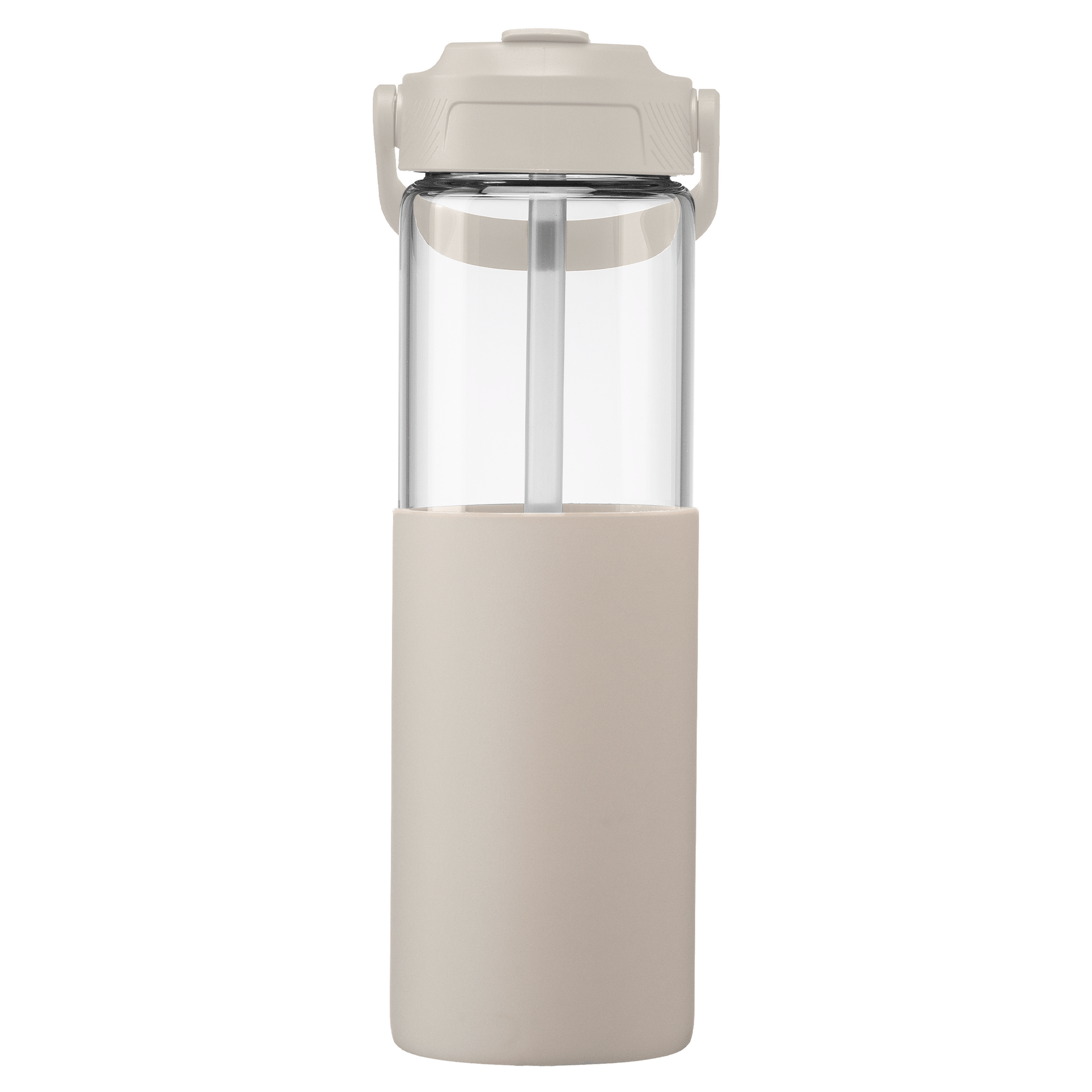 Juno Glass Silicone Sleeve Straw Bottle promotional bottle in dune warm grey printed with your company logo