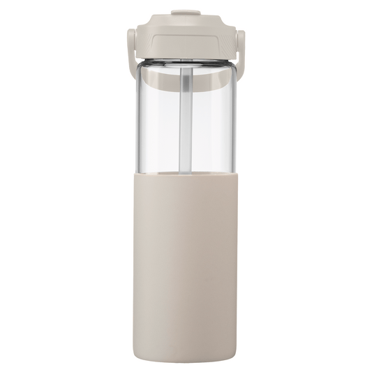 Juno Glass Silicone Sleeve Straw Bottle promotional bottle in dune warm grey printed with your company logo