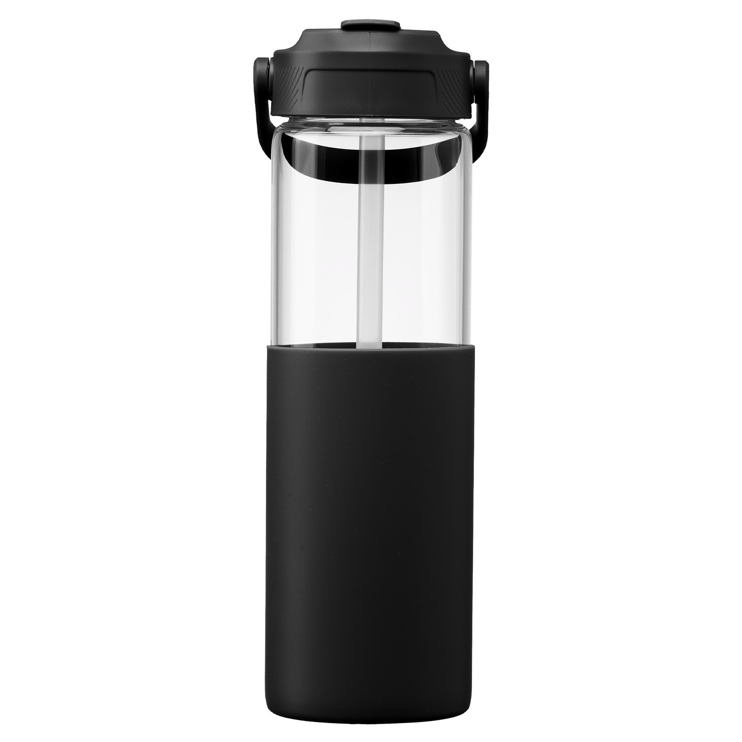 Juno Glass Silicone Sleeve Straw Bottle promotional bottle in black printed with your company logo