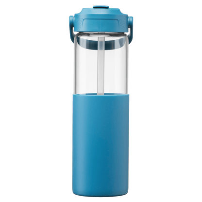 Juno Glass Silicone Sleeve Straw Bottle promotional bottle in steel blue printed with your company logo