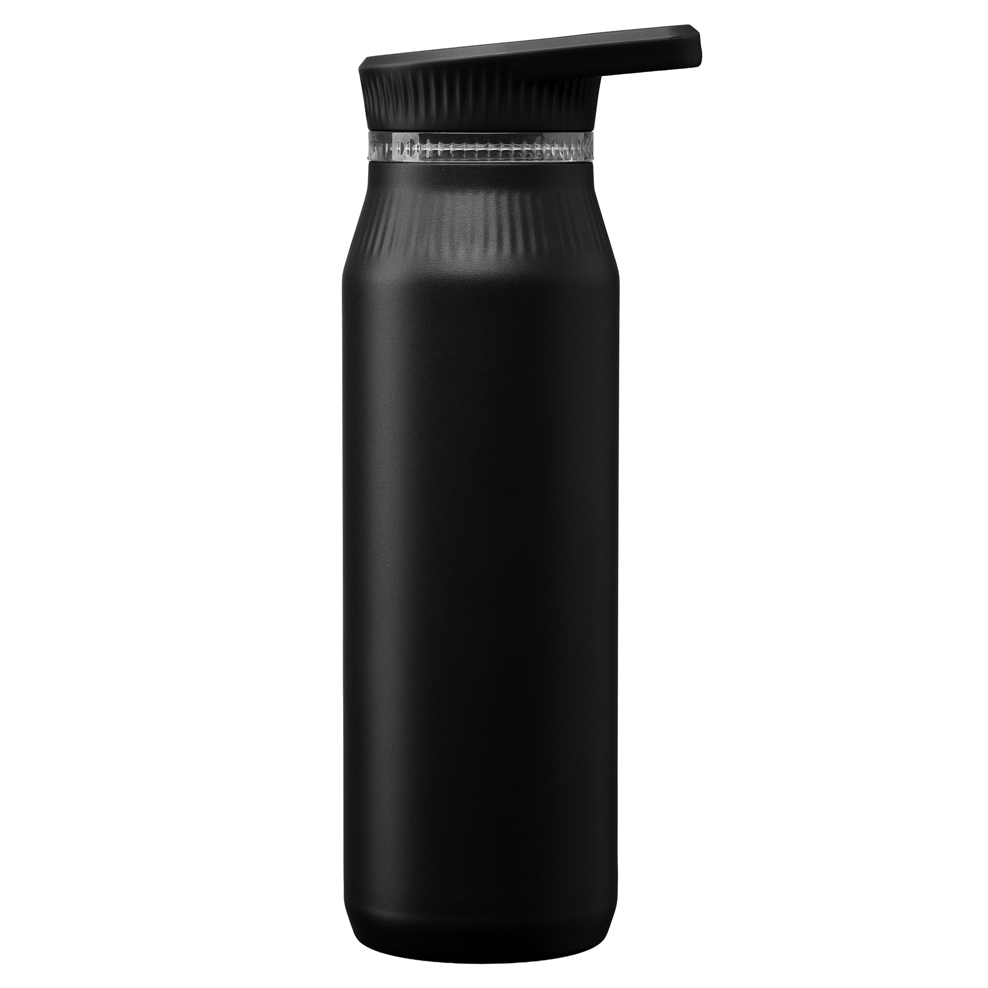 Majesty Stainless Steel Dual-Lid Handle Bottle promotional bottle in black laser engraved with your company logo