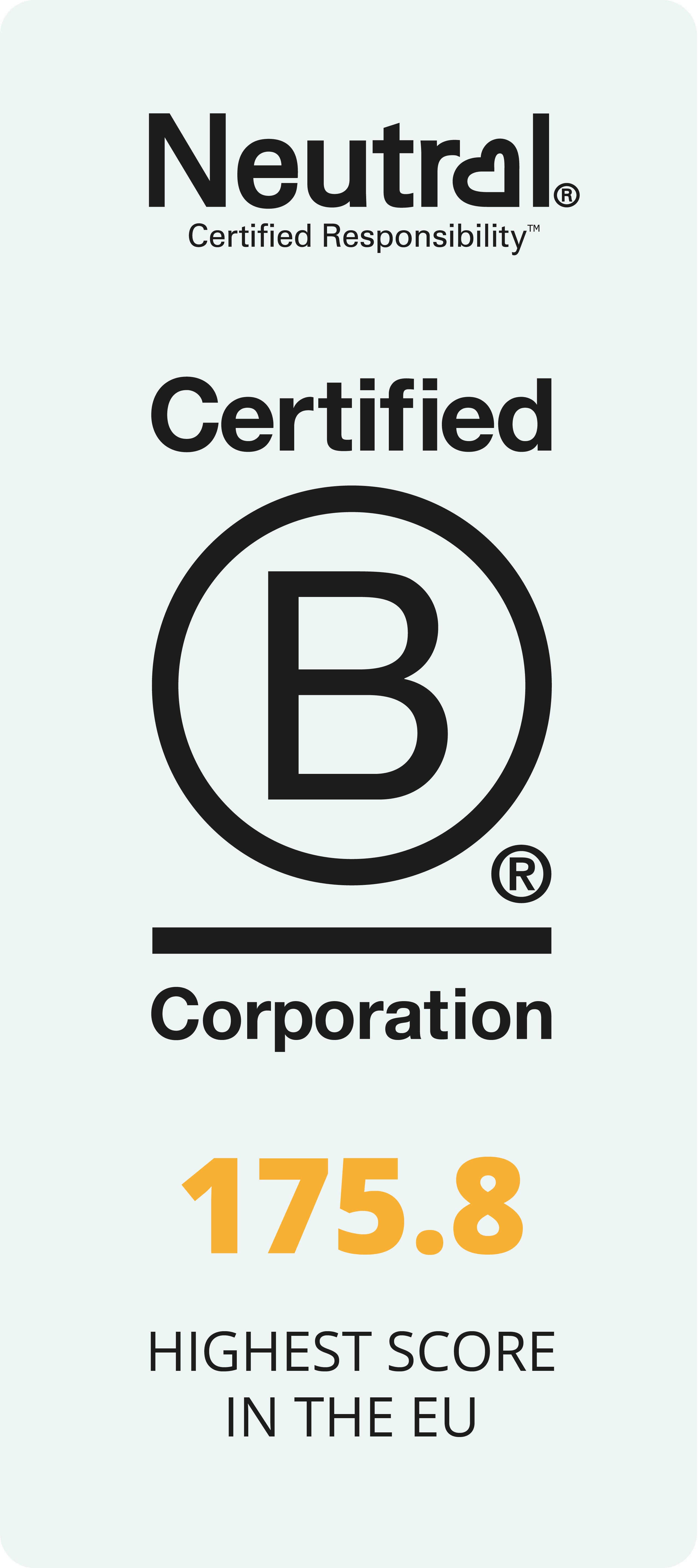 Neutral, Certified B Corporation, 175,8, die höchste Punktzahl der EU