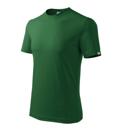 RIMECK BASE Unisex T-shirt in bottle green, brand label - promotional clothing printed with your company logo