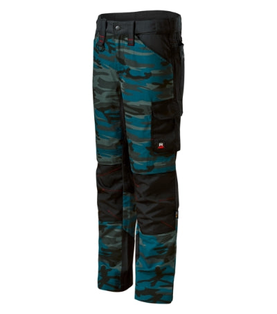 RIMECK VERTEX CAMO Men's work trousers in camouflage petrol - promotional clothing printed with your company logo